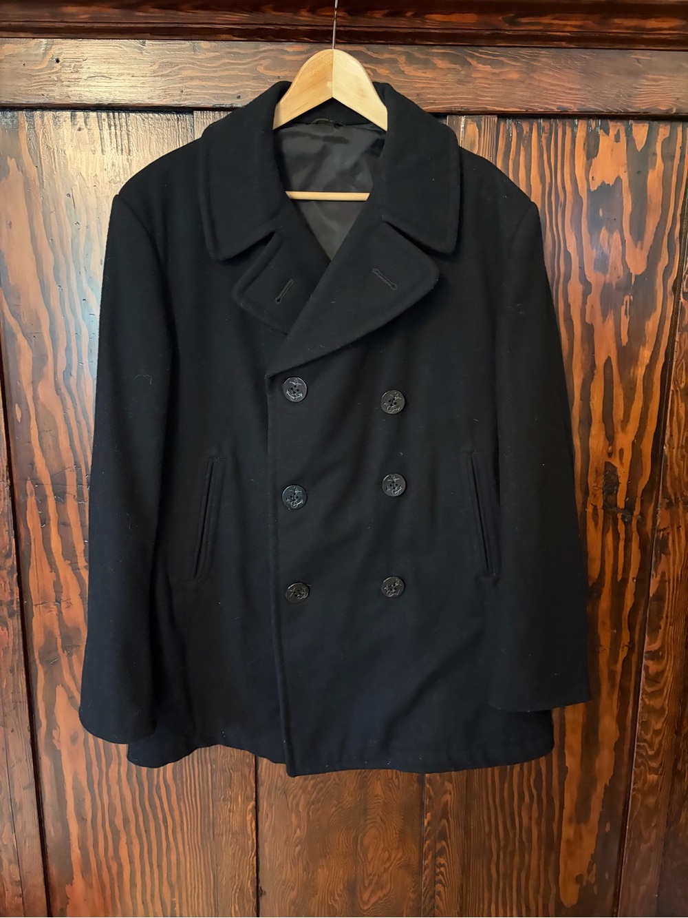 Vintage Men's Black Double-Breasted Wool Peacoat - Classic Outerwear